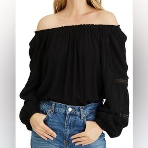 Sanctuary Say So lace inset off the shoulder black blouse billowy small